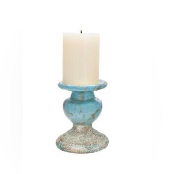 7" Blue Distressed Terracotta Pillar Candleholder. Heavy nice piece - Picture 2 of 10